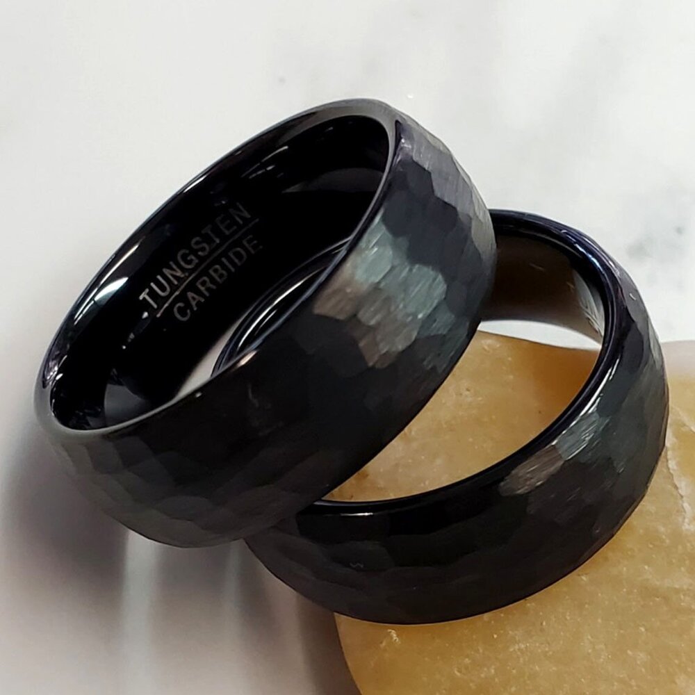 Black Tungsten 8mm  Wedding Band For Men Hammered Brushed Finish Men Rings